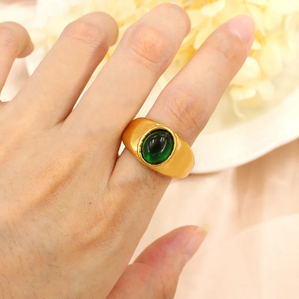 New Minimalist Red Crystal Wide Thick Wedding Ring for Women Premium Stainless Steel Gold Color Knuckle Rings Engagement Jewelry