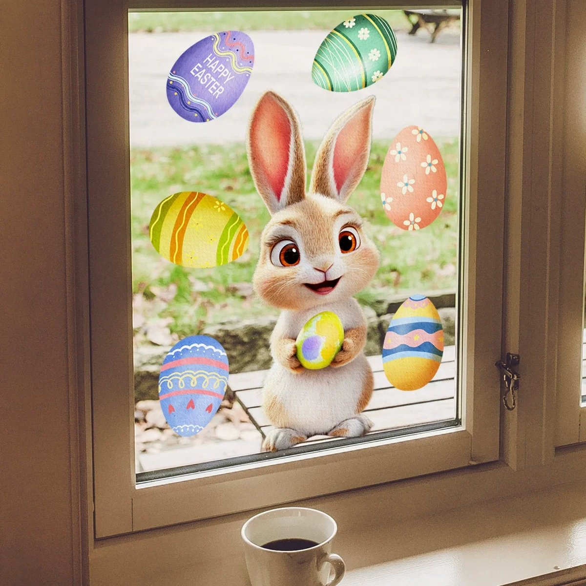 Happy Easter Window Stickers cute Rabbit Eggs Carrot Electrostatic Glass Sticker Easter Decorations for Home Bunny Wall Decals