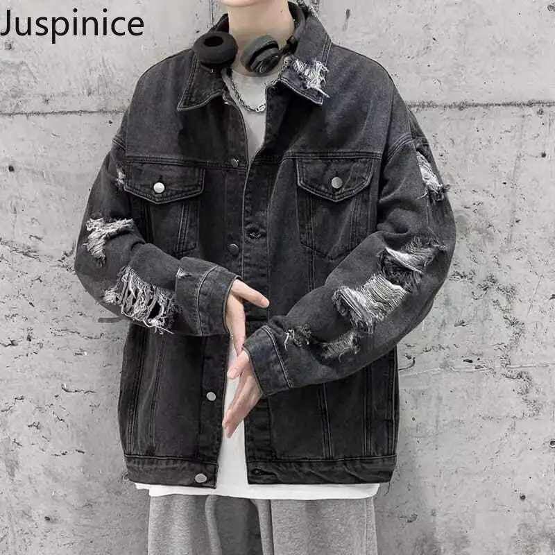 Spring Autumn Ripped Denim Jackets Men's Causal Loose Oversize Handsome High Street Overcoat Men Tops Male Clothes image