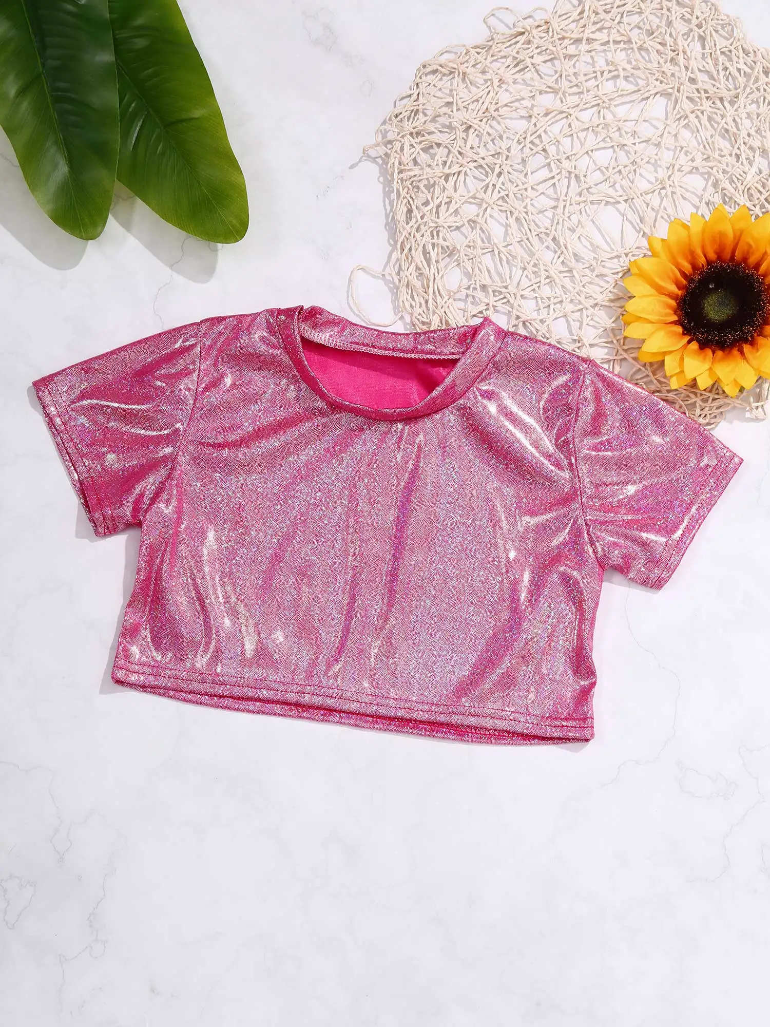 T-shirt Danse Jazz Enfant Fille - Manches Courtes Brillant Métallique - 100% Polyester - Spectacle Ou Fête