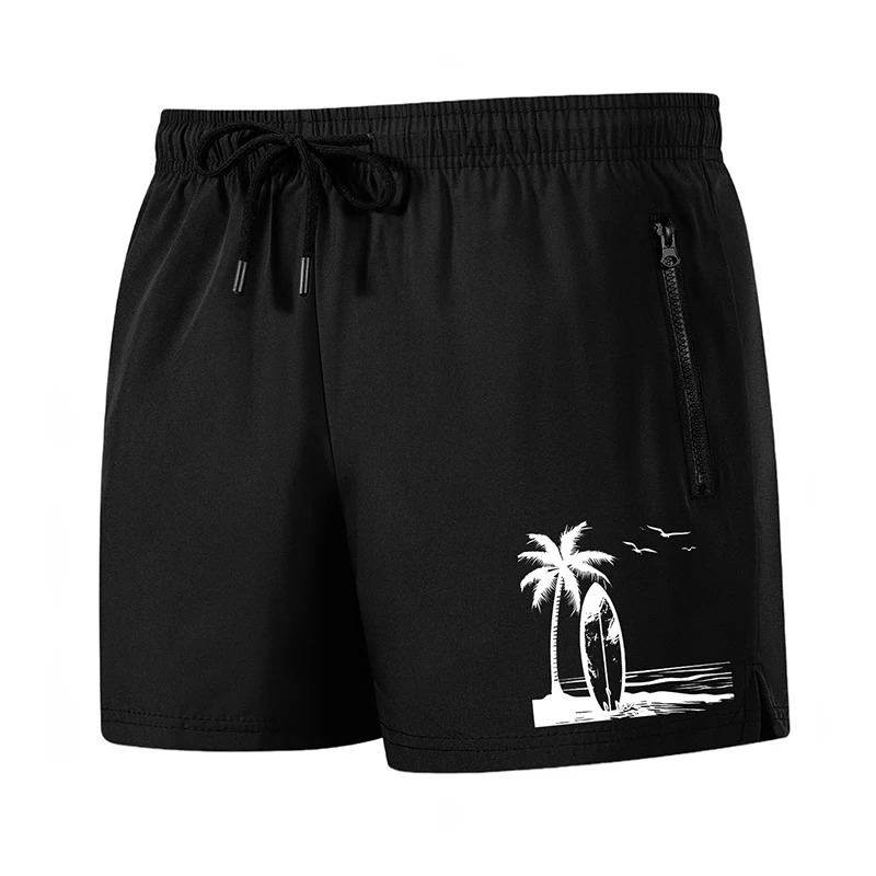 Tropical Surfboard Print Men's Beach Shorts with Mesh Liner and Zipper Pockets
