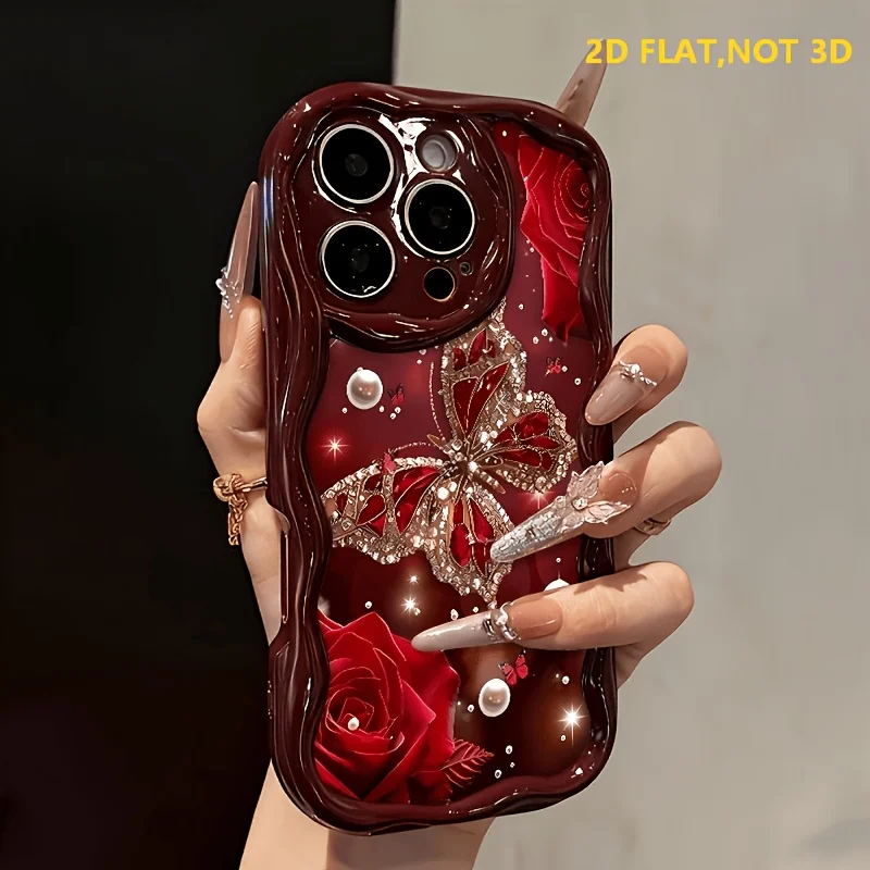 Luxury Cream Wavy Protective Phone Case with Diamond Butterfly Rose Design