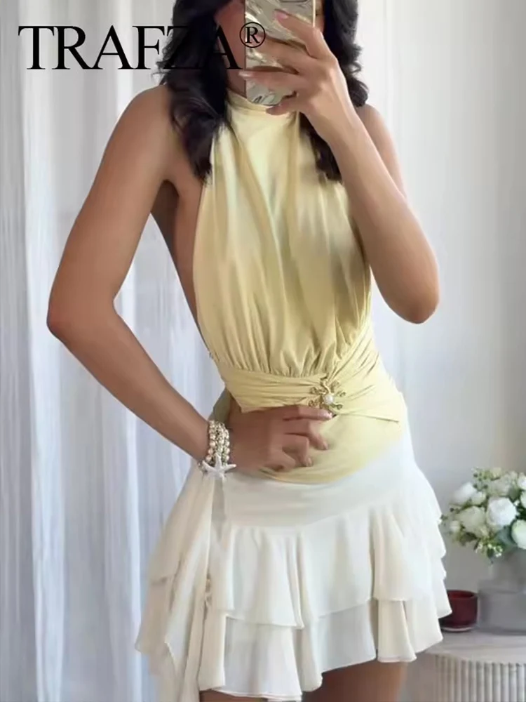 2025 New Fashion Women Tops Sleeveless Backless  Elegant Short Tops For Women Metal Sun Flower Decoration Sexy Party Top