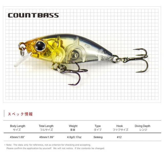 COUNTBASS Hard Lure Bait 43mm 1-3/4 4.8g 3/16 oz. Slow Sinking