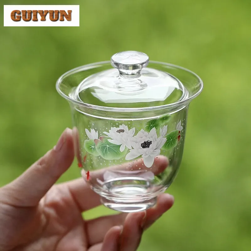 150ml Exquisite Fish Play Glass Gaiwan Boutique Borosilicate Green Tea Special Tea Tureen Making Cover Bowl Supplies Craft