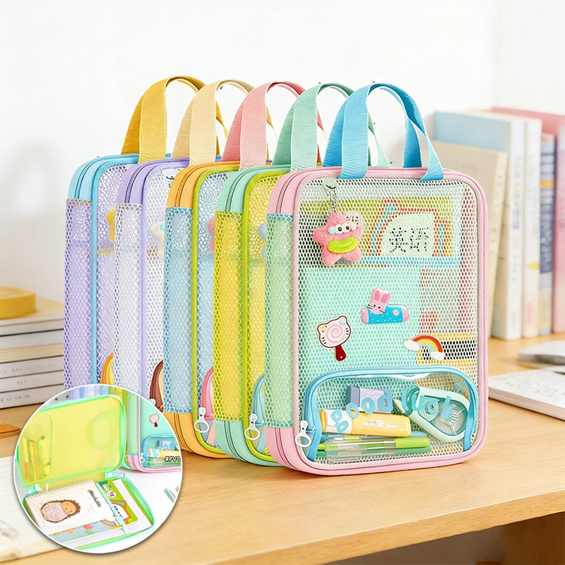 Sac à main en maille transparente à 3 couches, couleur Dopamine, grande capacité, sac de cours pour étudiants, sac de rangement léger et portable