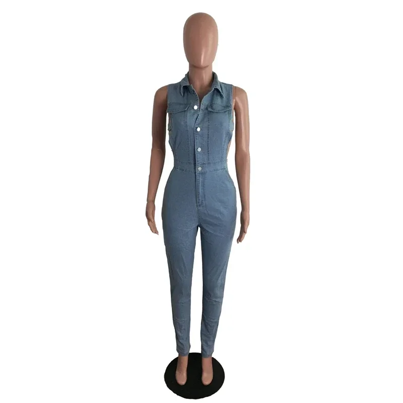 zomight 2023 New Sexy Slim Sleeveless Light Blue Jeans Jumpsuit