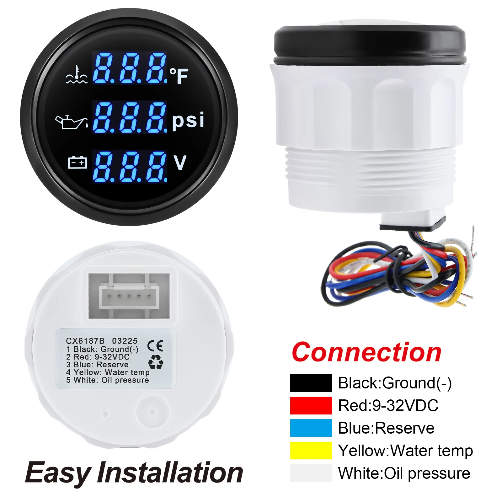 52MM 3 in 1 디지털 게이지 수온계 ℃ / ℉ 블루 백라이트가 있는 자동차 보트 12V/24V용 오일 압력 바/PSI 전압계