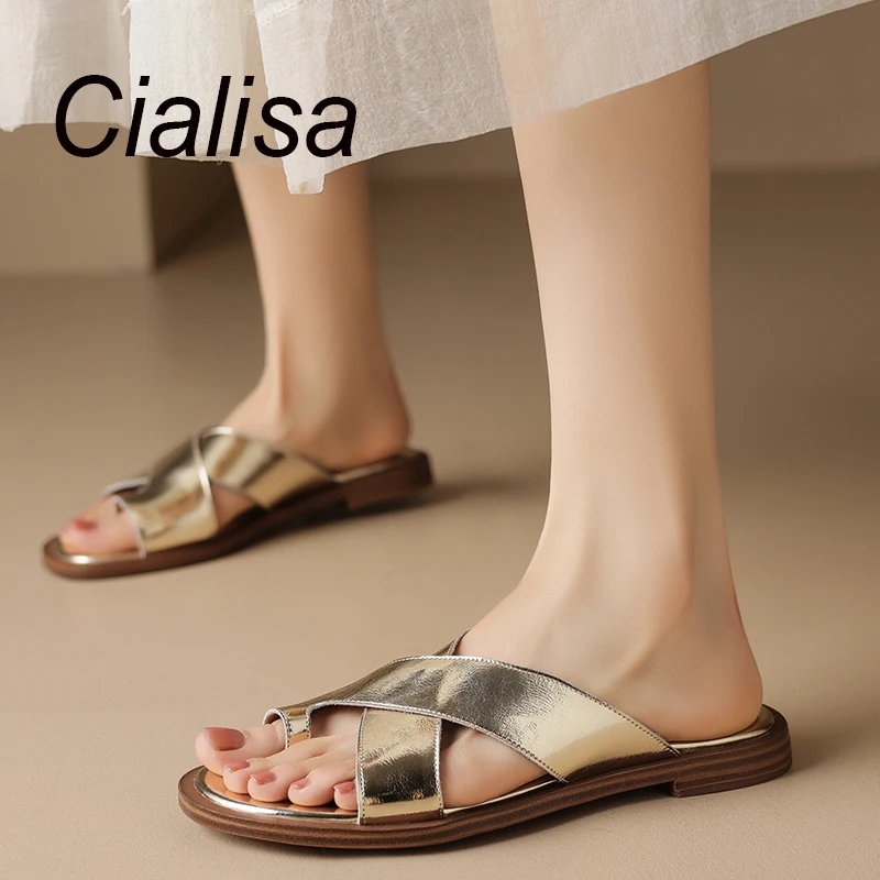 

Cialisa Silver Gold Slipper Woman Handmade Genuine Leather Women Shoes Comfortable Flats 2023 Summer Casual Ladies Slippers New