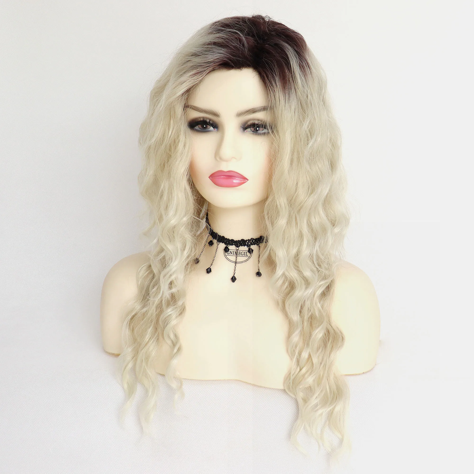 GNIMEGIL Synthetic Long Curly Wigs for Women Ombre Blonde Wig with Bangs Costume Wig for Girls Sexy Blond Wigs with Dark Roots