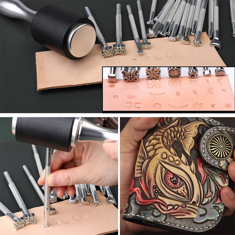 20Pcs Leather Carving Tools Leather Stamping Tools Metal Processing Saddle Stamping Set Wooden Craft Rack Kit