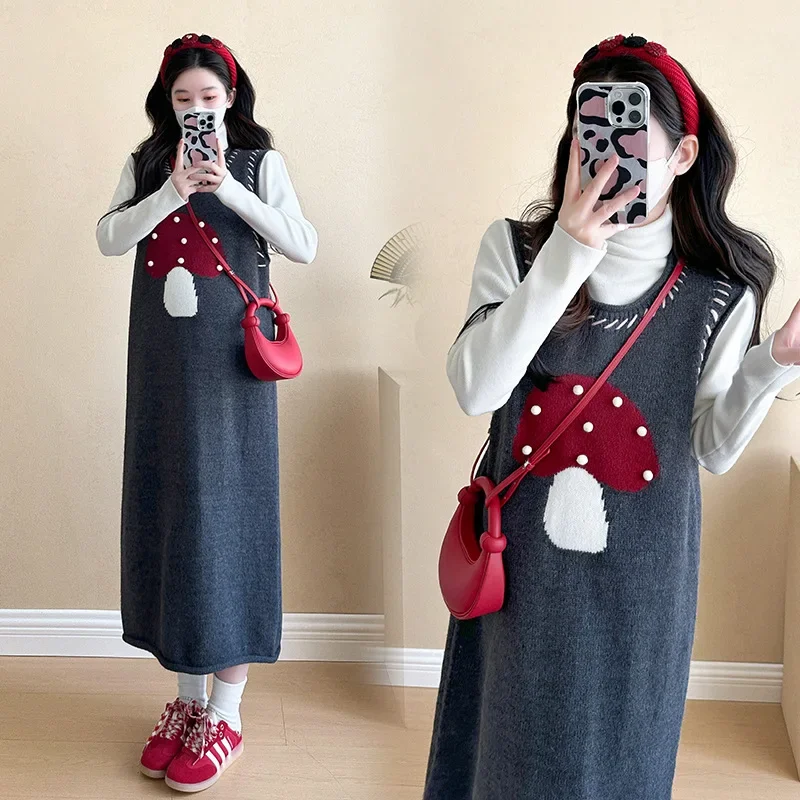 Fashionable Mushroom Skirt And Base Shirt Maternity Dress Two-Piece Set New Autumn Wear for Pregnant Women Comfortable And Styli