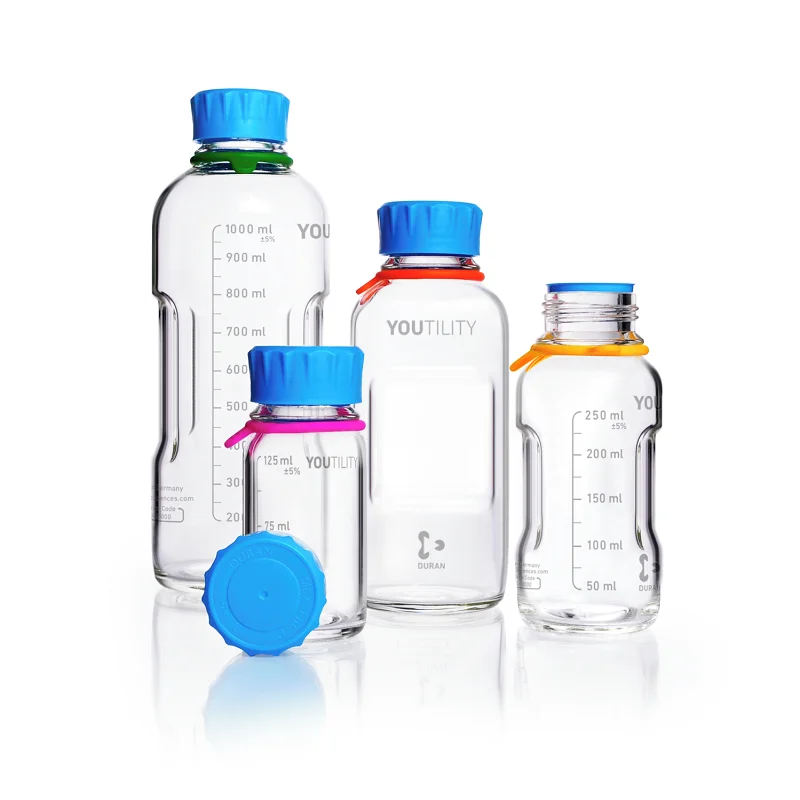 DURAN&reg; YOUTILITY&reg; GL 45 Laboratory Bottle (clear), with screw cap and pouring ring (PP, cyan), with DIN 168-1 thread, graduated
