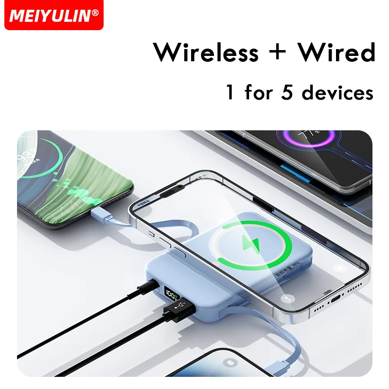 Wireless Magnetic Power Bank With Type-C Cable Portable Fast Charger Stand 10000mAh External Spare Battery For iPhone Xiaomi 3