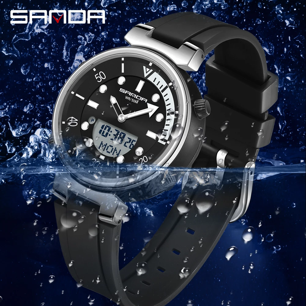 SANDA Men New Fashion Quartz Watch with Electronic Display Luminous LED Trend Mens Watches 50M Water Resistant Reloj Hombre 3122