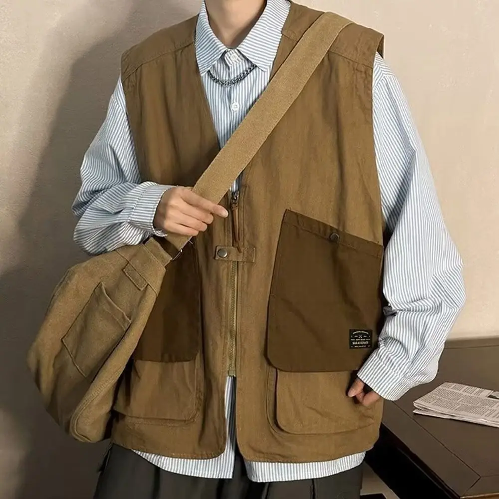 레트로 V-넥 슬리브리스 워크웨어 조끼 루즈핏 멀티포켓 조끼 민소매 자켓 여성용