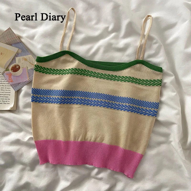 

Pearl Diary Ins Tide Retro Stripe Camisole Chic Sleeveless Knitting Top Women Contrast Color Short Thin Tops Summer Women
