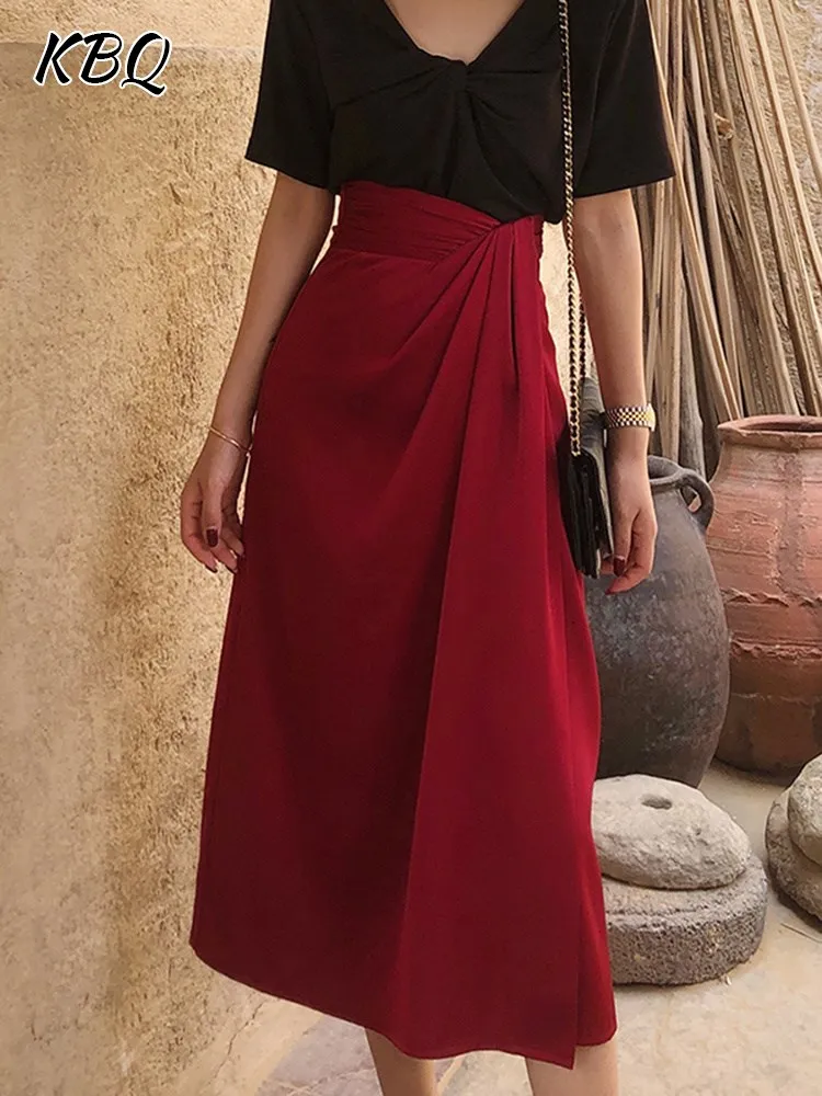 

KBQ Elegant Folds Split Skirt For Women High Waist A Line Solid Tunic Minimalist Vintage Skirts Female Fashion Style Clothes New