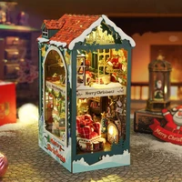 NEW DIY Wooden Merry Christmas Book Nook Shelf Insert Miniature Model Kits With Furniture Lights Bookshelf Bookend Friends Gifts 1