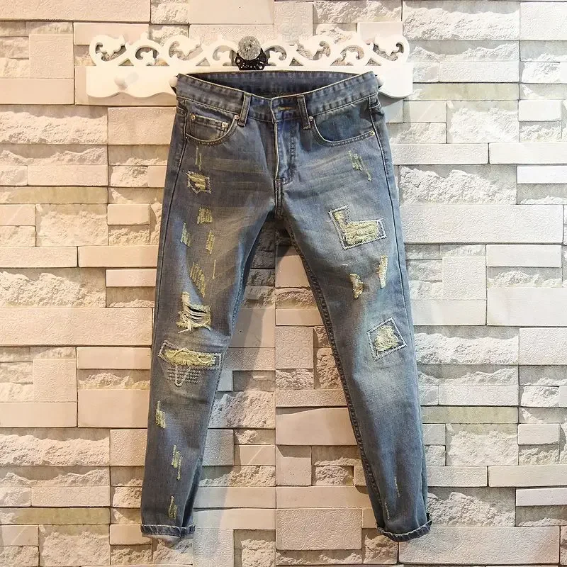 thumbnail image 1 of Pantalones vaqueros ajustados con gráficos para hombre, rotos, con agujeros, rotos, con bolsillos rotos, ajustados y ajustados, 1 of 5