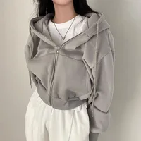2024 Autumn And Winter New Instagramsadd Velvet Fashion Short Slim Zipper Warm Solid Color Hoodie Woman Simple Short Hoodie 2