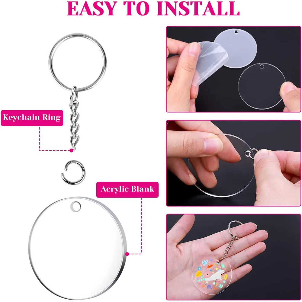 120Pcs Acrylic Keychain Blanks Tassel Pendant Keyring Pendant Round Acrylic Key Chain Metal Keychain Ring Set DIY Craft