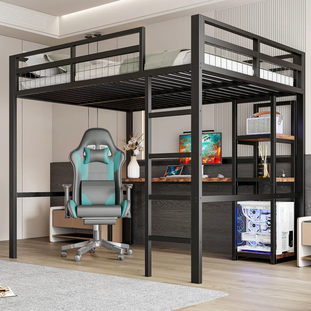Multifunktionales Hochbett 140 x 200 cm – stabiler Eisenrahmen mit integriertem Schreibtisch (Steckdose + USB-C), vielseitige Einsätze, ohne Matratze – Detail 2