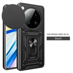 Enhanced Protective Armor Case with Slide Lens Camera Guard and Magnetic Holder Ring Cover for Infinix Zero 40 5G (Black)