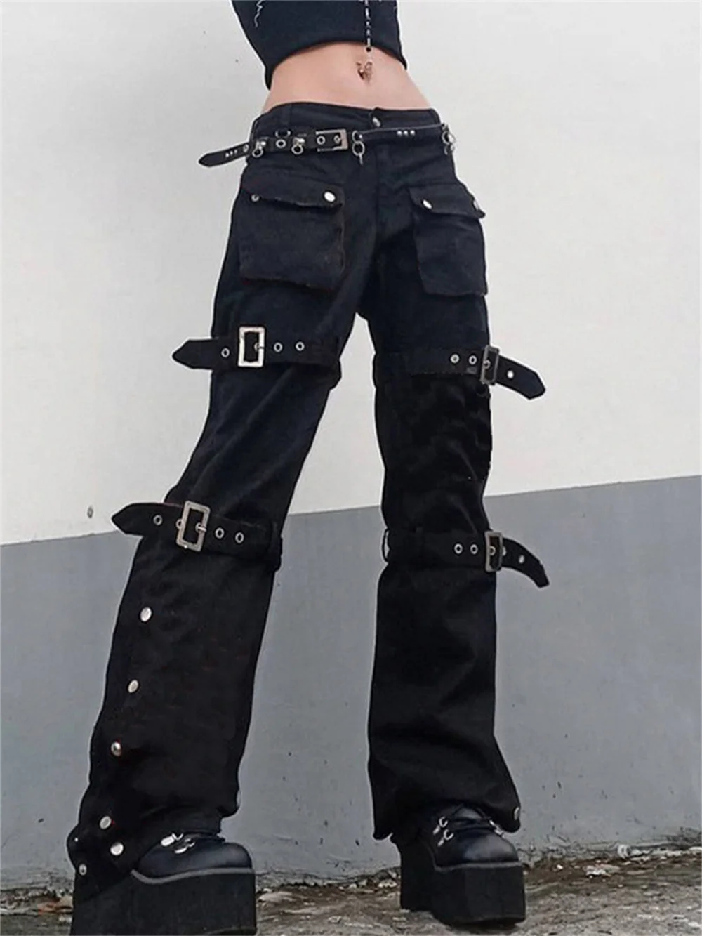 Gothic Y2k Emo Pants Cargo Black Low 