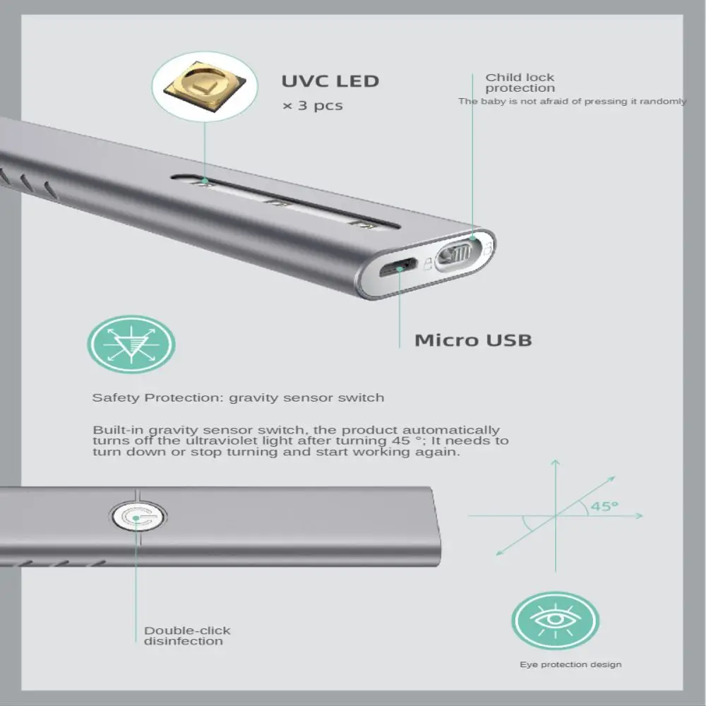 USB UVC Clean Bacteria Virus Light Smart Gravity Sensor Uvc Light With 730mah Battery For Travel/Family/Car/Room/Pet/Phone