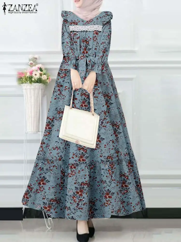 

Платье ZANZEA женское с длинным рукавом, винтажное мусульманское повседневное Макси-платье с цветочным принтом, сарафан с оборками, Дубай, хиджаб