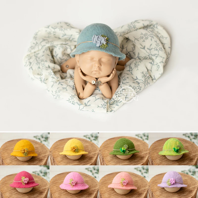 Dvotinst Newborn Baby Photography Props Handmade Wool Floral Hat Bonnet Fotografia Accessories Studio Shooting Photo Props