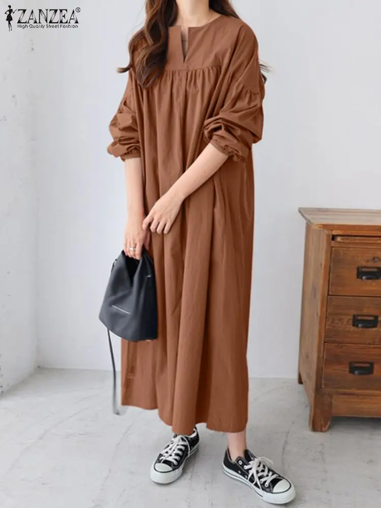 

ZANZEA Casual Dropped Shoulder Dresses Women Solid Oversized Dress Fashion Long Sleeve Long Vestidos 2024 Spring Pleating Robe