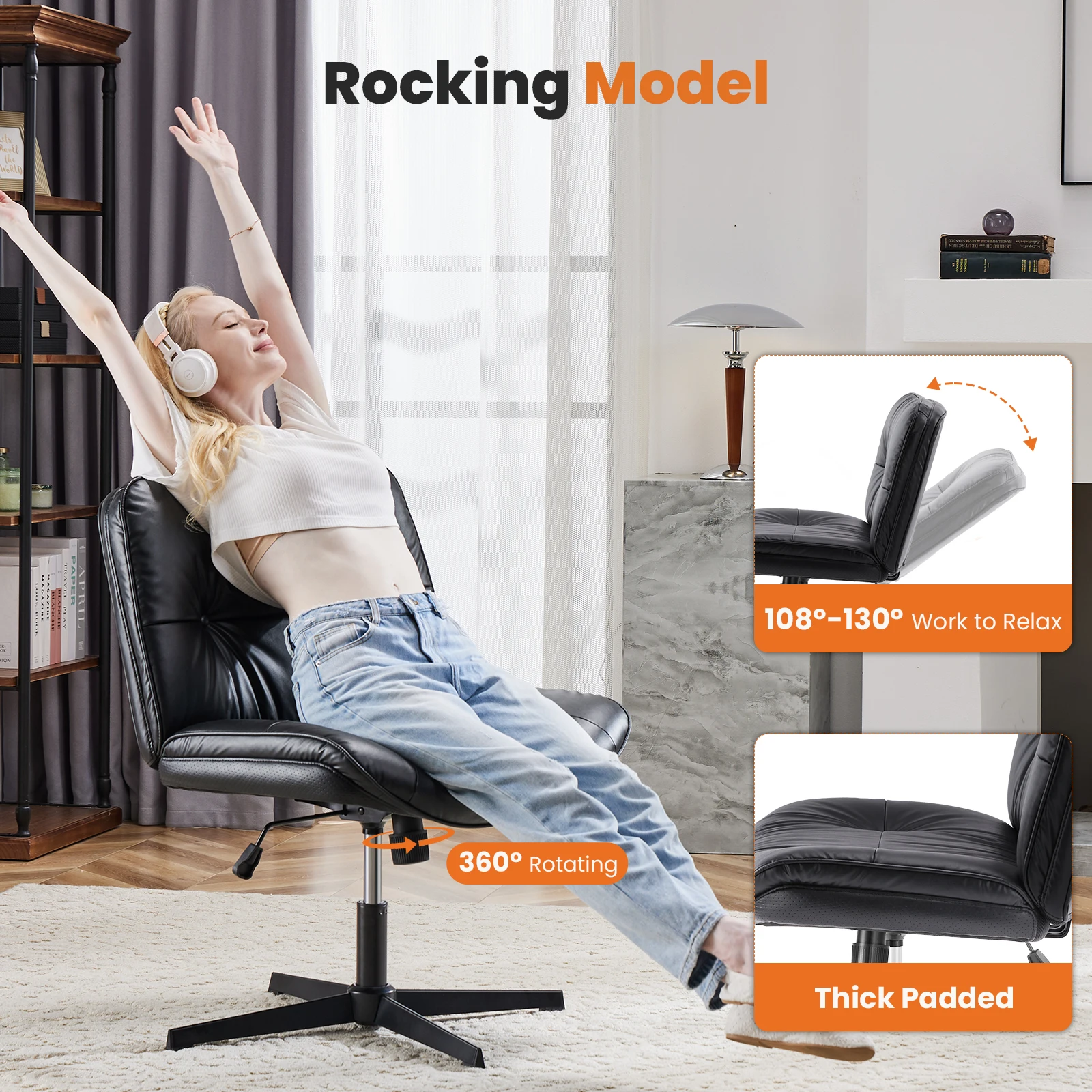 JHK PU Leather Cross Legged Office Chair Armless Desk Chair with Dual-Purpose Base Adjustable Swivel Fabric Task Vanity Home 5