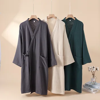 Kimono Robes for Men's and Women's Sleepwear Cotton Yarn Bathrobe Tied Cardigan Thin Home Clothes Couple's Robes 1