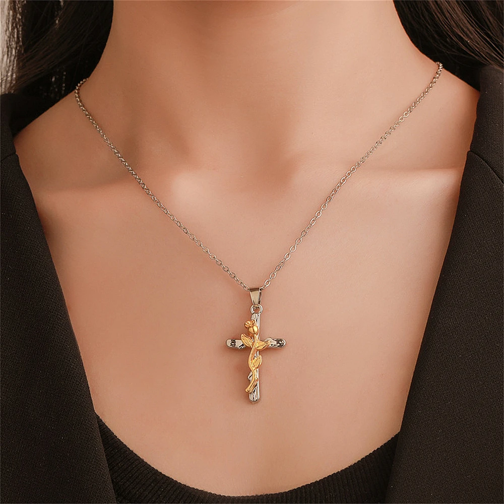 Fashion Rose Cross Necklace Anniversary Jewelry Gold Plated Pendant Necklace  Women Girl Engagement Wedding Gifts