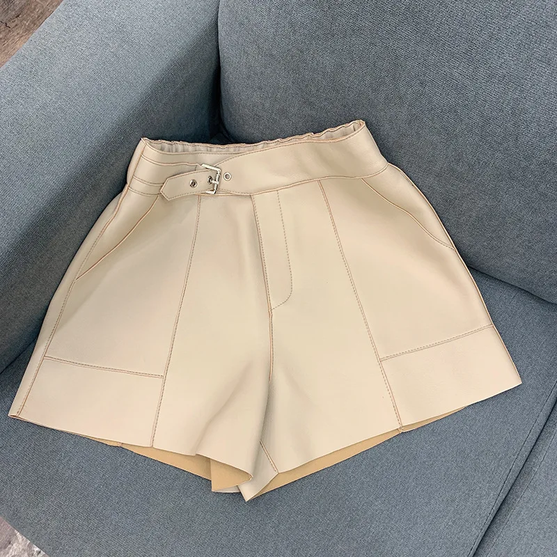 Autumn New Designer Women's High Quality Genuine Leather High-rise Wide-leg Shorts A891
