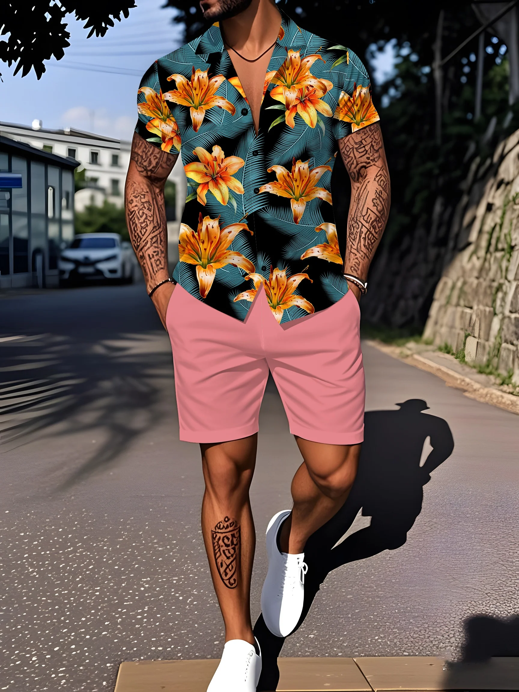 Hawaii Shirt & Shorts Set – Men’s Floral Summer Two-Piece green yewllow
