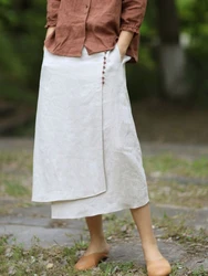 Women's Straight Skirt Spring Summer Cotton Linen A-line Skirt Female Solid Blue White Side Split Vintage Long Skirts Women