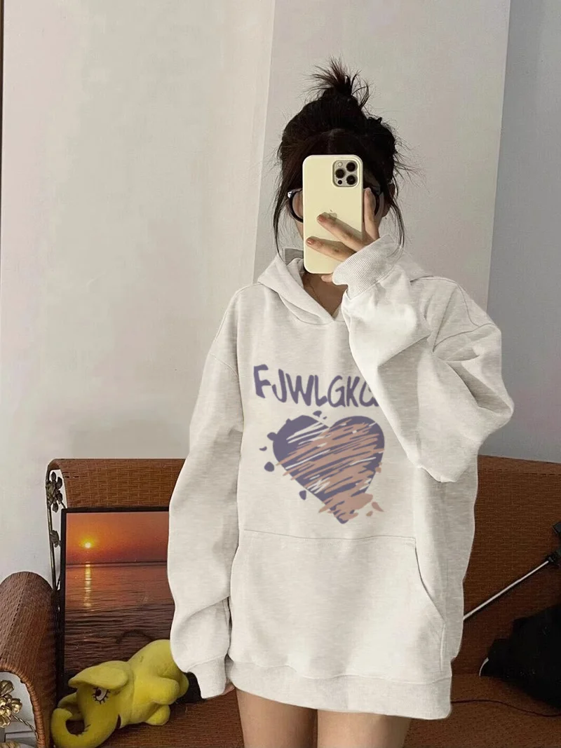 American Style Heart Print Hooded Sweater For Women In Early Autumn Hoodies For Female 2023, New Design Sense, Niche Top