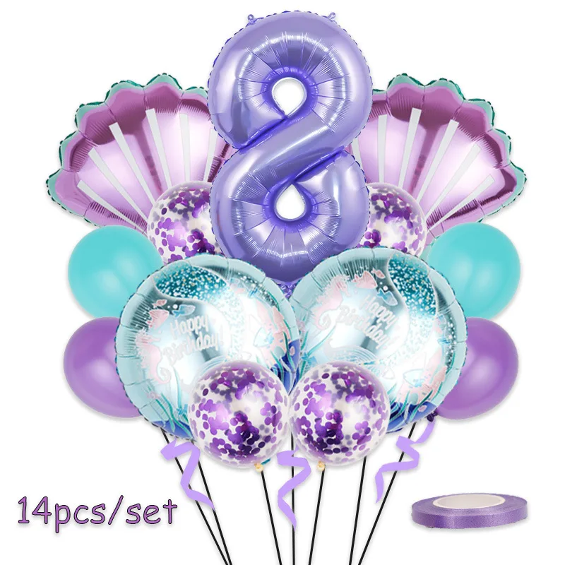 Mermaid Birthday Balloons Set 32inch Purple Number Shell Foil Ballon Girls Happy Little Mermaid 1st 2nd 3rd 4th Birthday Balloon