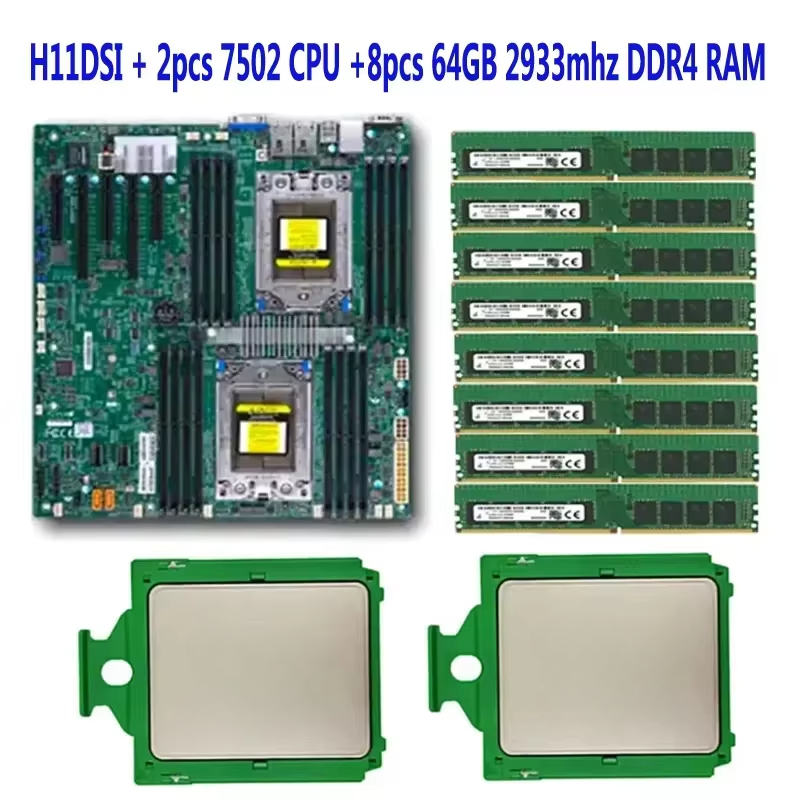 H11DSI rev2.0 Server Motherboard / 2* EPYC 7502 64C/128T 280W CPU Processor / 8* 64GB =512GB 2933mhz DDR4 RAM Memory 2P SP3 Co