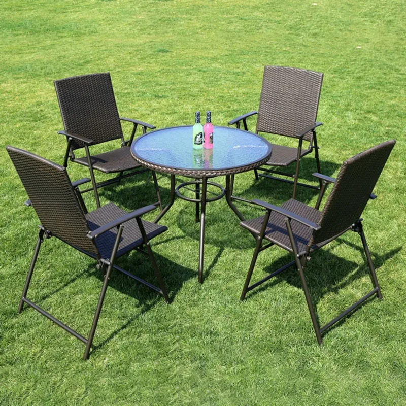 Outdoor Terrace Leisure Folding Rattan Iron Table and Chair Garden Balcony Leisure Furniture Combination Set Sun Umbrella Sets