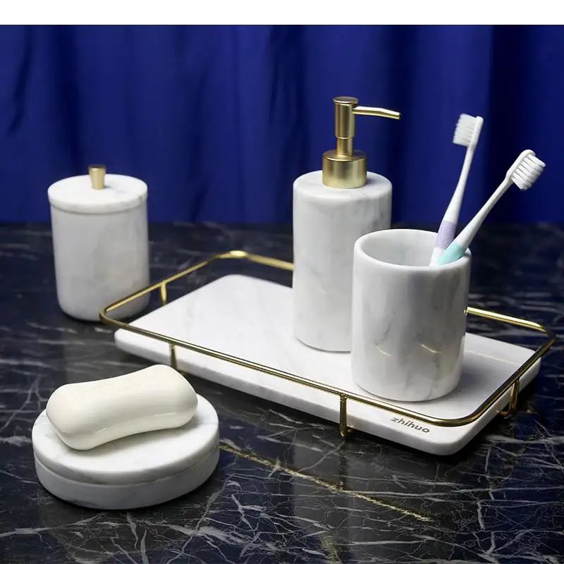 

Natural Marble Bathroom Accessories Portable Soap Dispenser Soap Dish Toothbrush Cup Mouthwash Cup Storage Tray Bath Supplies