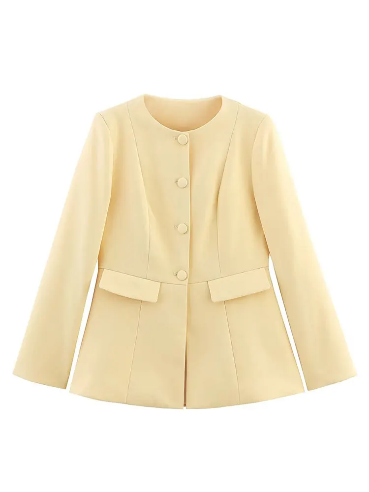 HH Women Elegant Yellow Blazer Coat O Neck Single Breasted Long Sleeve Jacket Autumn Solid Casual Office Lady Outerwear