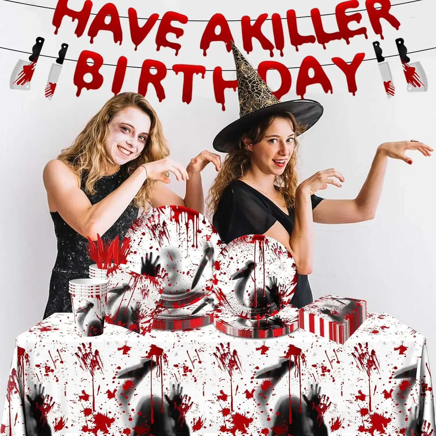 Halloween Scary Tableware Decorations Include Killer Banner Horror Plates Napkins Bloody Tablecloth for Horror Themed Supplies