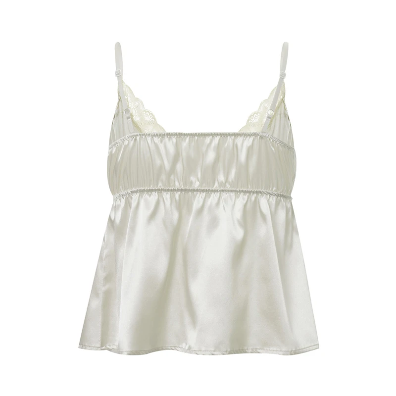 Camisola de encaje de verano para mujer, top beige rosa sin mangas con cuello en V, top ajustado, top corto dulce y sexy a la moda