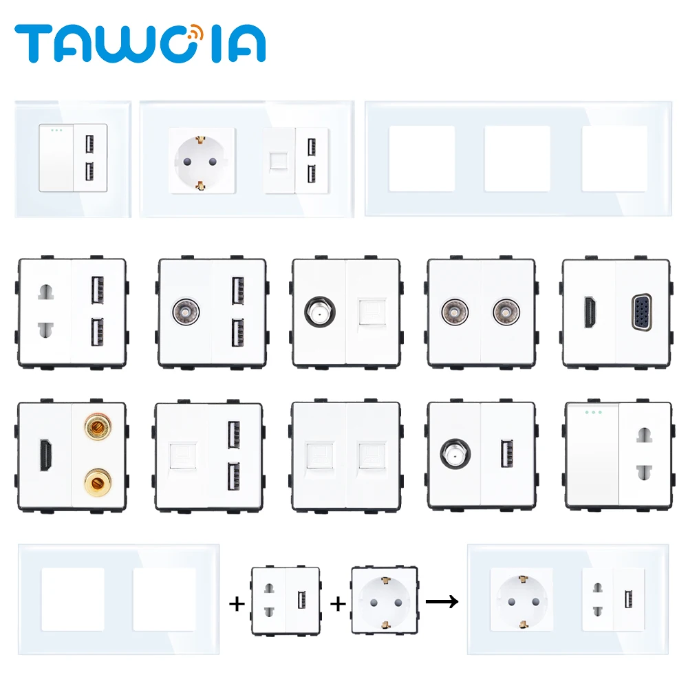 Tawoia Diy Uk Eu Standard Tv Satellitare Usb Rj45 Jack Cat6 Tel Hdmi Vga Auricolare 2Pin Presa Interruttore A Pulsante Con Pannello Telaio In Vetro