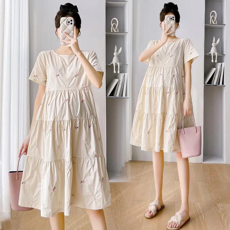 

Summer Fashion Maternity Floral Embroidery Dress+Belt Short Sleeve O-Neck Pregnant Woman Cotton Clothes Elegant A-Line Dresses