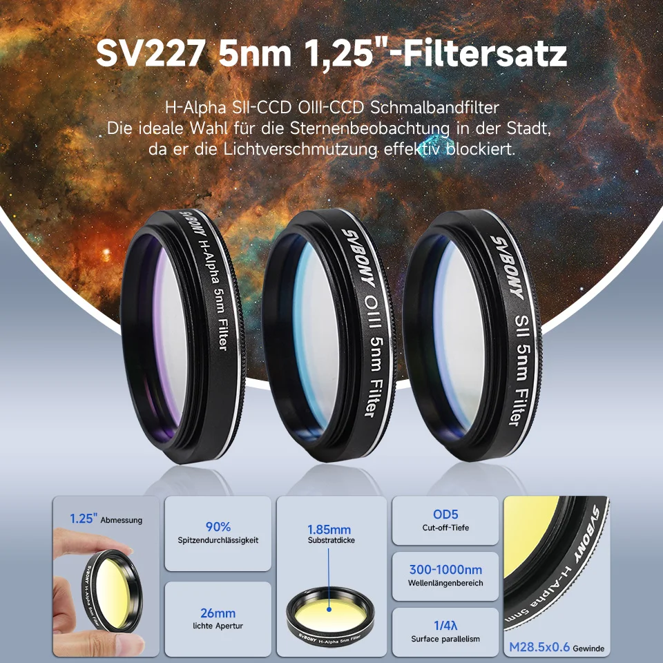 Svbony SV227 2/1,25-Zoll-Filter 5nm H-Alpha SII-CCD OIII-CCD Schmalbandfilter für Astronomie-Teleskope, Tiefraum- und Planetenfotografie – Detail 12